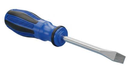 Close-up of a flat-head screwdriver with a transparent blue handle tool