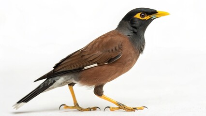 Realistic Myna Bird full body on white studio background, detailed brown plumage, black head, yellow beak and eye patch, isolated wildlife bird photography
