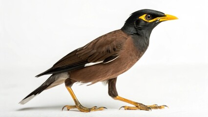 Realistic Myna Bird full body on white studio background, detailed brown plumage, black head, yellow beak and eye patch, isolated wildlife bird photography
