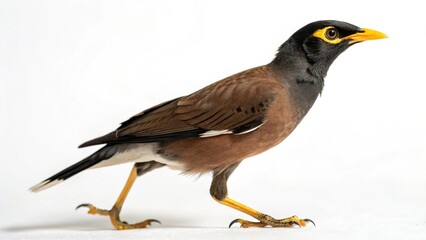 Realistic Myna Bird full body on white studio background, detailed brown plumage, black head, yellow beak and eye patch, isolated wildlife bird photography