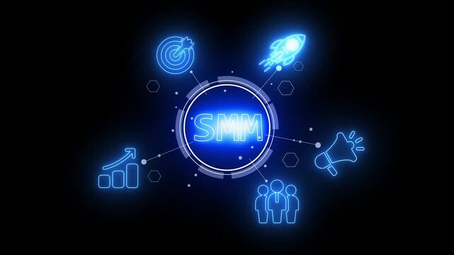 Neon SM concept with icons for growth, target, rocket, megaphone, and people on black background social media marketing