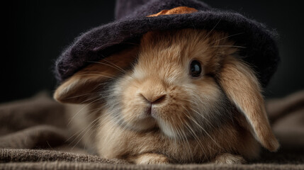 Cute fluffy brown rabbit wearing a small witch hat sitting outdoors on autumn leaves