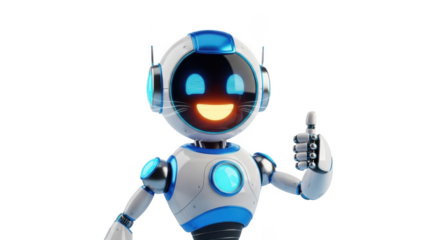 Friendly robot character with thumbs up gesture and smiling face animated ai