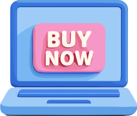 A colorful illustration of a laptop screen displaying a pink "Buy Now" button, representing online shopping, e-commerce, and digital purchasing.