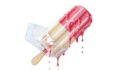 Delicious melting strawberry vanilla ice cream bar on a stick dripping sweetly