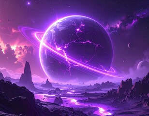 Surreal purple planetary landscape with glowing rings and electric rivers