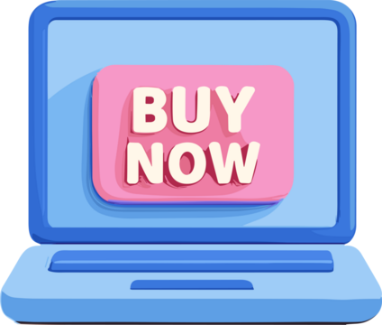 A colorful illustration of a laptop screen displaying a pink "Buy Now" button, representing online shopping, e-commerce, and digital purchasing.