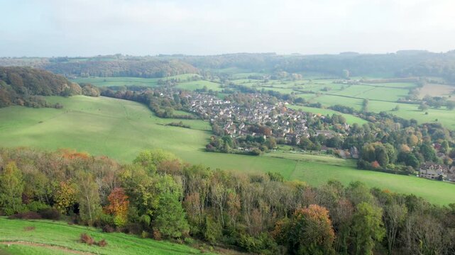 amazing aerial view Uley, Village in Cotswolds, near Dursley. Autumn Travel in United Kingdom