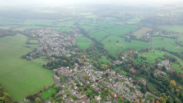 amazing aerial view Uley, Village in Cotswolds, near Dursley. Autumn Travel in United Kingdom