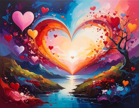 Whimsical painting with a large heart, landscape, and many floating hearts