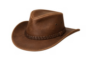 Brown leather cowboy hat with braided band, western style headwear, isolated on transparent background