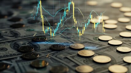 Close-up view of money and a stock market graph overlayed. US dollars and coins. A concept - Powered by Adobe