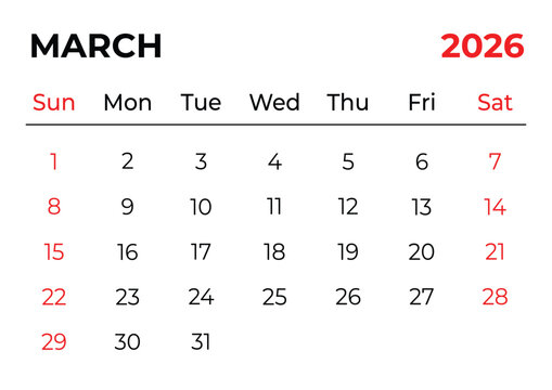 March 2026 Monthly Calendar Template with Clean Red and White Layout