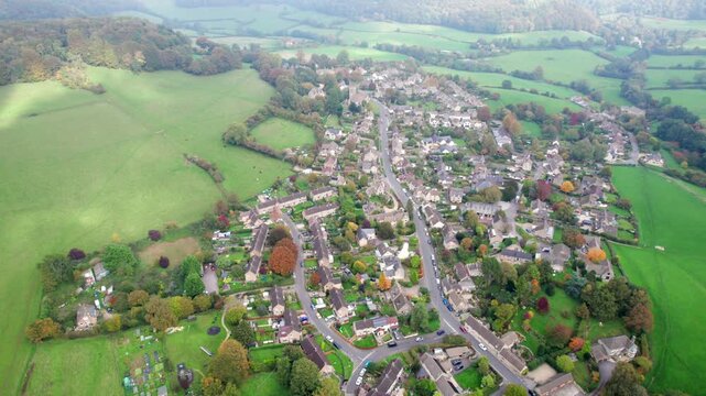 amazing aerial view Uley, Village in Cotswolds, near Dursley. Autumn Travel in United Kingdom