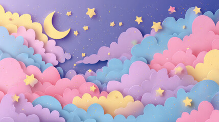 Whimsical pastel sky with clouds and stars in a dreamy paper cut style