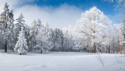 Obraz premium Frosted Pines Bare Birches And Snow Dusted Maples Stand Together In A Peaceful White Winter Landscape Evoking The Calm Of Christmas