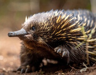 A detailed, close-up photograph of an echidna with its distinct quills, focused on its face and claws, showcasing natural texture