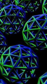 3d animation of wiremesh green and blue sphere metal.Captivating green patterns emerge as dynamic light transforms the visual space in an intricate digital display