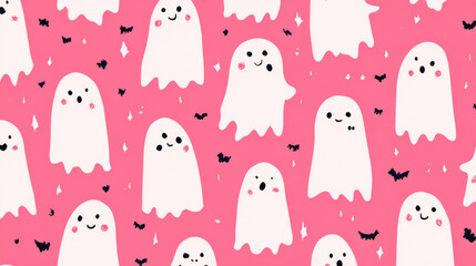 Cute pink Halloween ghost seamless pattern with playful cartoon ghosts on soft background, ideal for kids&rsquo; room d&eacute;cor, wrapping paper, and fabric design.