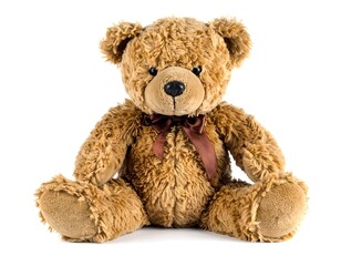 Fototapeta premium A classic brown teddy bear sits facing forward, with a dark bow and a fluffy, textured appearance against a white backdrop