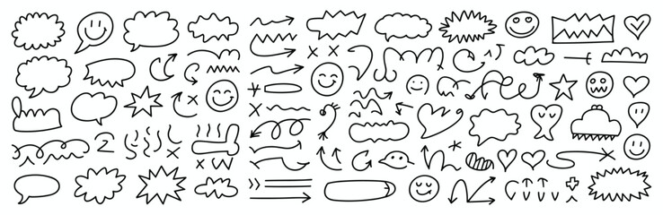 Hand- Drawn Black Doodle Elements Including Speech Bubbles, Arrows, and Faces hand-drawn sketch
