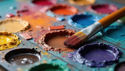 Fototapeta premium Artists Oil Paints and Well-Used Brush Ready for Painting a Masterpiece