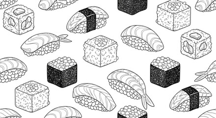 A delightful pattern of various types of sushi.