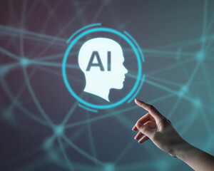 Artificial intelligence interface with woman's hand reaching to activate the AI head icon, symbolizing the future of technology and human-machine interface in a connected digital world