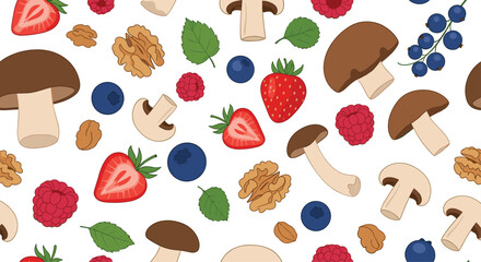 A delightful assortment of fresh strawberries mushrooms blueberries raspberries and walnuts displayed on a clean white background.