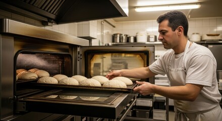 Artisan baker loading freshly prepared bread loaves into industrial oven for baking in a professional kitchen