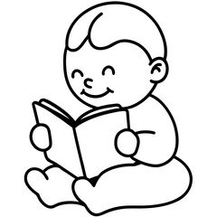Happy baby sitting and reading a book silhouette