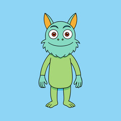 Cute green monster with big eyes and orange ears standing silhouette