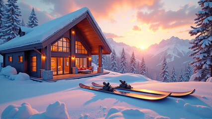 Wooden cabin in snowy mountain landscape during sunset with skiing equipment