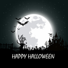 Spooky Halloween Night with Full Moon, Haunted House and Flying Bats