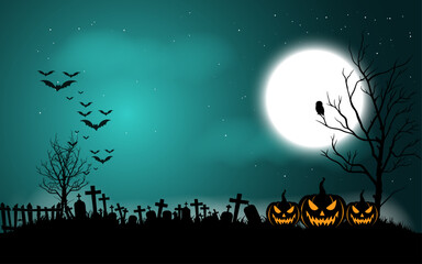 Haunted Graveyard with Full Moon, Flying Bats and Glowing Pumpkins on Halloween Night
