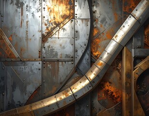 A detailed close-up showing worn metal panels, rivets, and a curved pipe with rusted patches, creating an industrial, textured abstract composition