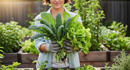 Sustainable gardening: woman harvesting fresh green vegetables for healthy living