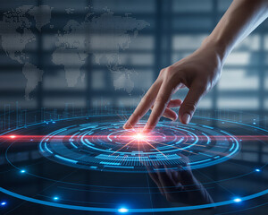 Hand navigating a glowing digital interface with world map overlay, representing global connectivity and cutting-edge technology solutions, perfect for illustrating innovation and futuristic concepts