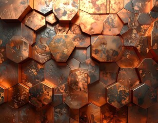 A detailed close-up showcasing an abstract hexagonal pattern with a metallic texture, displaying varying shades of copper and dark metal