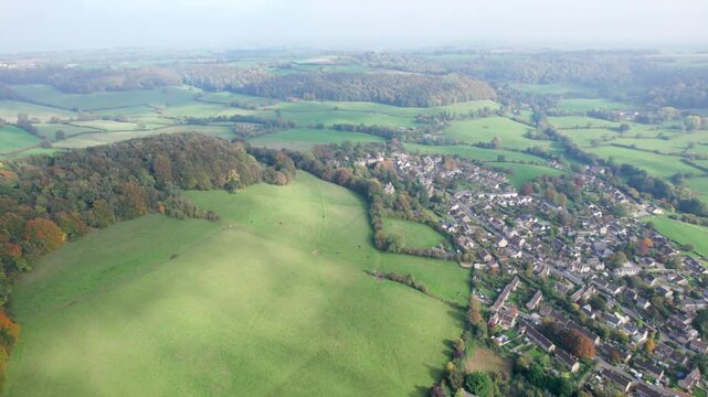 amazing aerial view Uley, Village in Cotswolds, near Dursley. Autumn Travel in United Kingdom