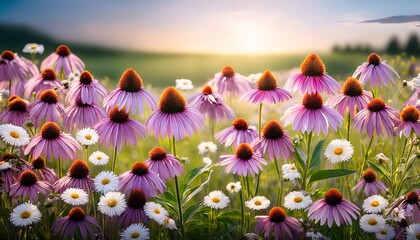 Echinacea Illustration Purple Coneflower In Botanical Meadow Field With Daisy Accent
