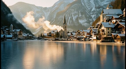 Winter morning in a serene alpine village with snow-covered houses by a calm lake