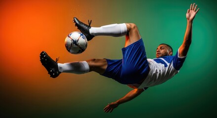 Dynamic soccer player executing a bicycle kick with vibrant background