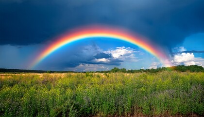 Obraz premium Beautiful Colourful Rainbow On Blue Sky After Thunderstorm