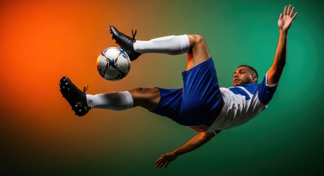 Dynamic soccer player executing a bicycle kick with vibrant background