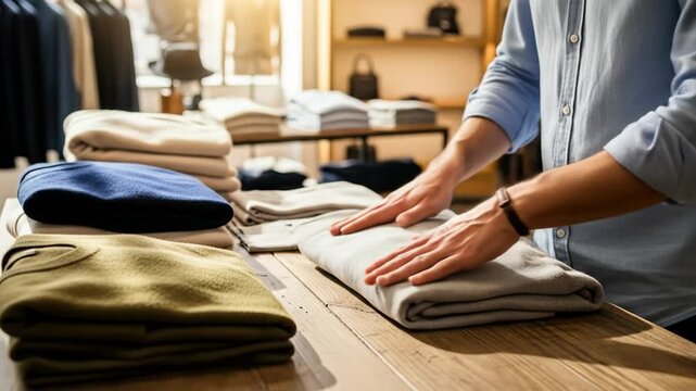 A person folds a garment on a wooden table in a well-lit clothing store. Sweaters are stacked