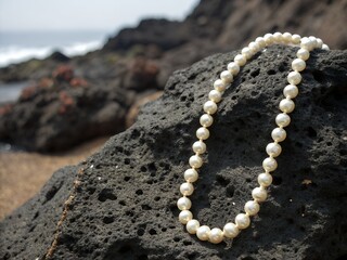Pearl necklace resting on a dark volcanic rock formation near the ocean on a bright sunny day outdoors