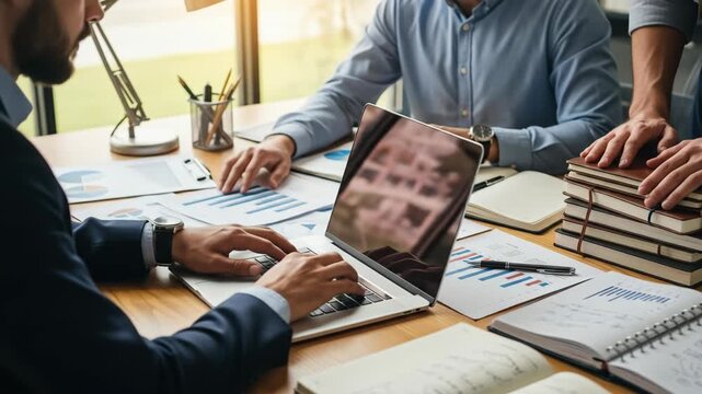 Three men working together in an office, reviewing graphs and charts on a table with a laptop