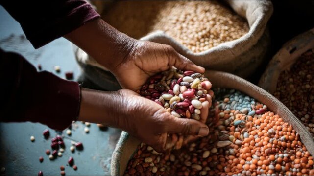 Hands Sorting Beans at a Local Market