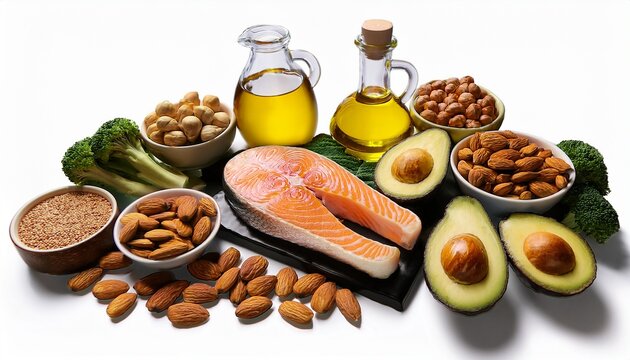 Assortment Of Healthy Foods Rich In Omega Fatty Acids Including Fish Nuts Avocado And Oil Isolated On Transparent Background